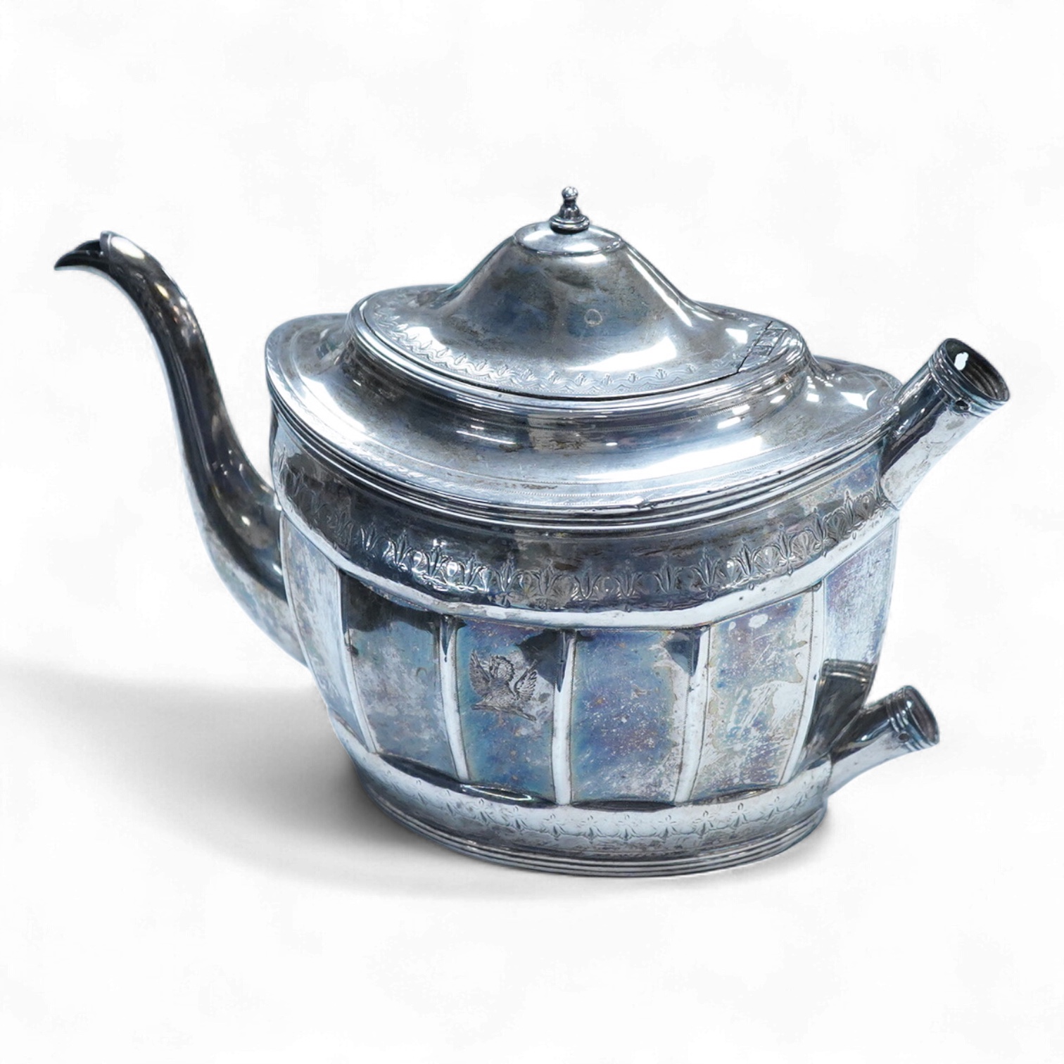 A George III silver oval teapot, by Peter, Ann & William Bateman, London 1804, (a.f.). engraved with floral bands, 14.4oz.